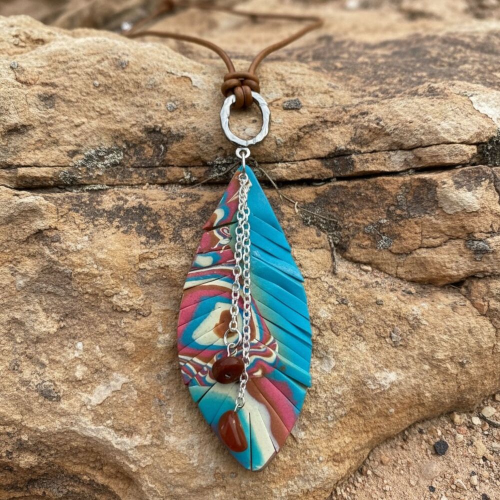 Southwest Turquoise Feather Red Jasper Handmade Polymer Clay Pendant Necklace